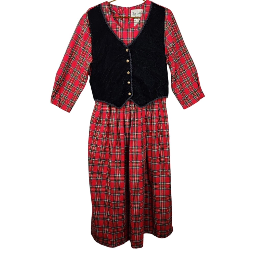 VTG Olivia Rose New York Tartan Plaid Dress w Velvet Vest Set Womens 14M 90s Max